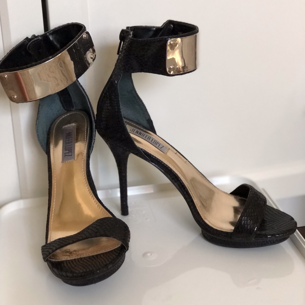 Black Stiletto Heels with large gold ankle strap size 8 women